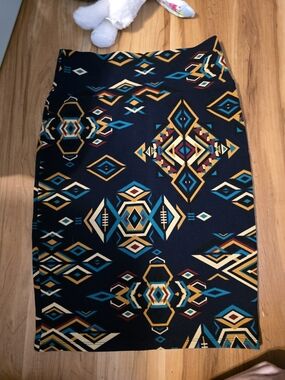 LuLaRoe Navy Pencil Skirt with Teal, Mustard & Cream Geometric Print